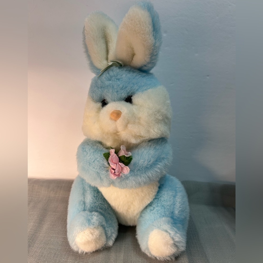 Vintage Blue and White Plush Bunny Rabbit Plush Stuffed Animal